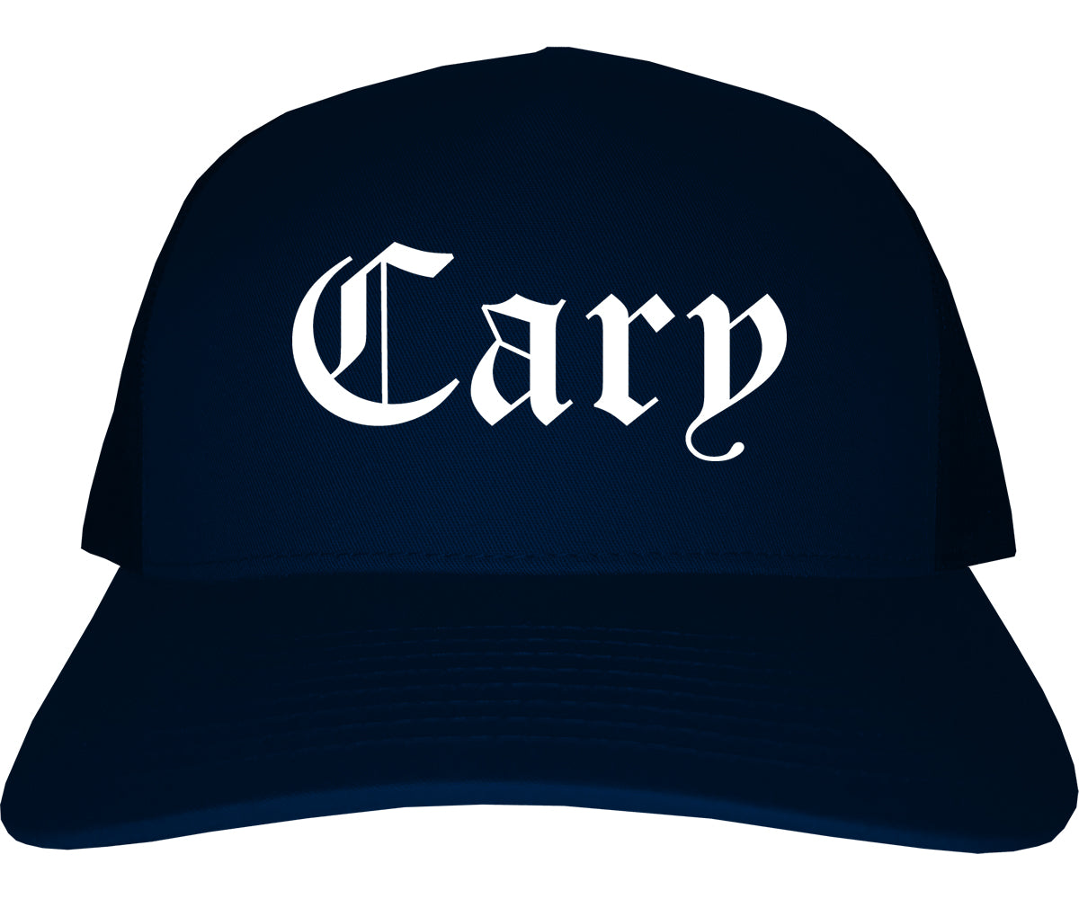 Cary Illinois IL Old English Mens Trucker Hat Cap Navy Blue