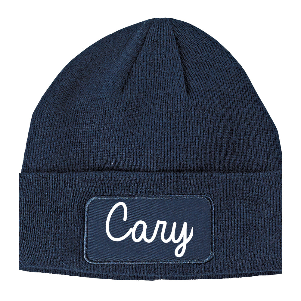 Cary Illinois IL Script Mens Knit Beanie Hat Cap Navy Blue