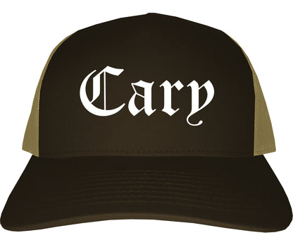 Cary North Carolina NC Old English Mens Trucker Hat Cap Brown