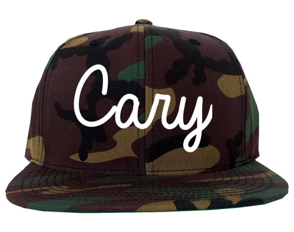 Cary North Carolina NC Script Mens Snapback Hat Army Camo