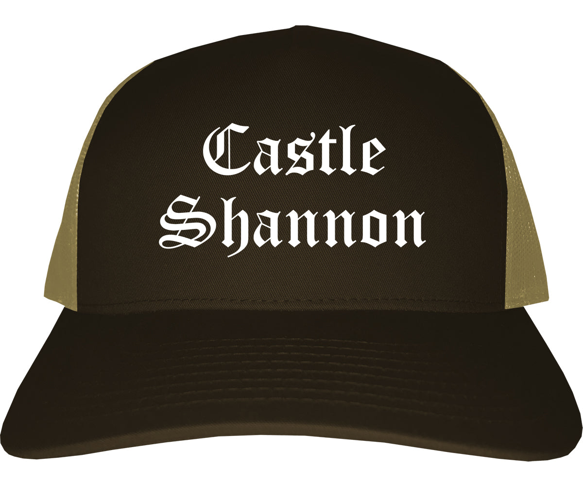 Castle Shannon Pennsylvania PA Old English Mens Trucker Hat Cap Brown