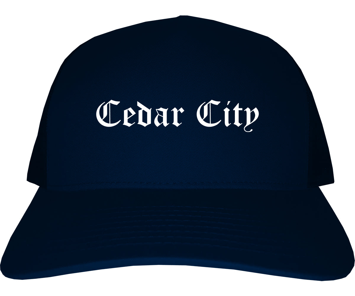 Cedar City Utah UT Old English Mens Trucker Hat Cap Navy Blue