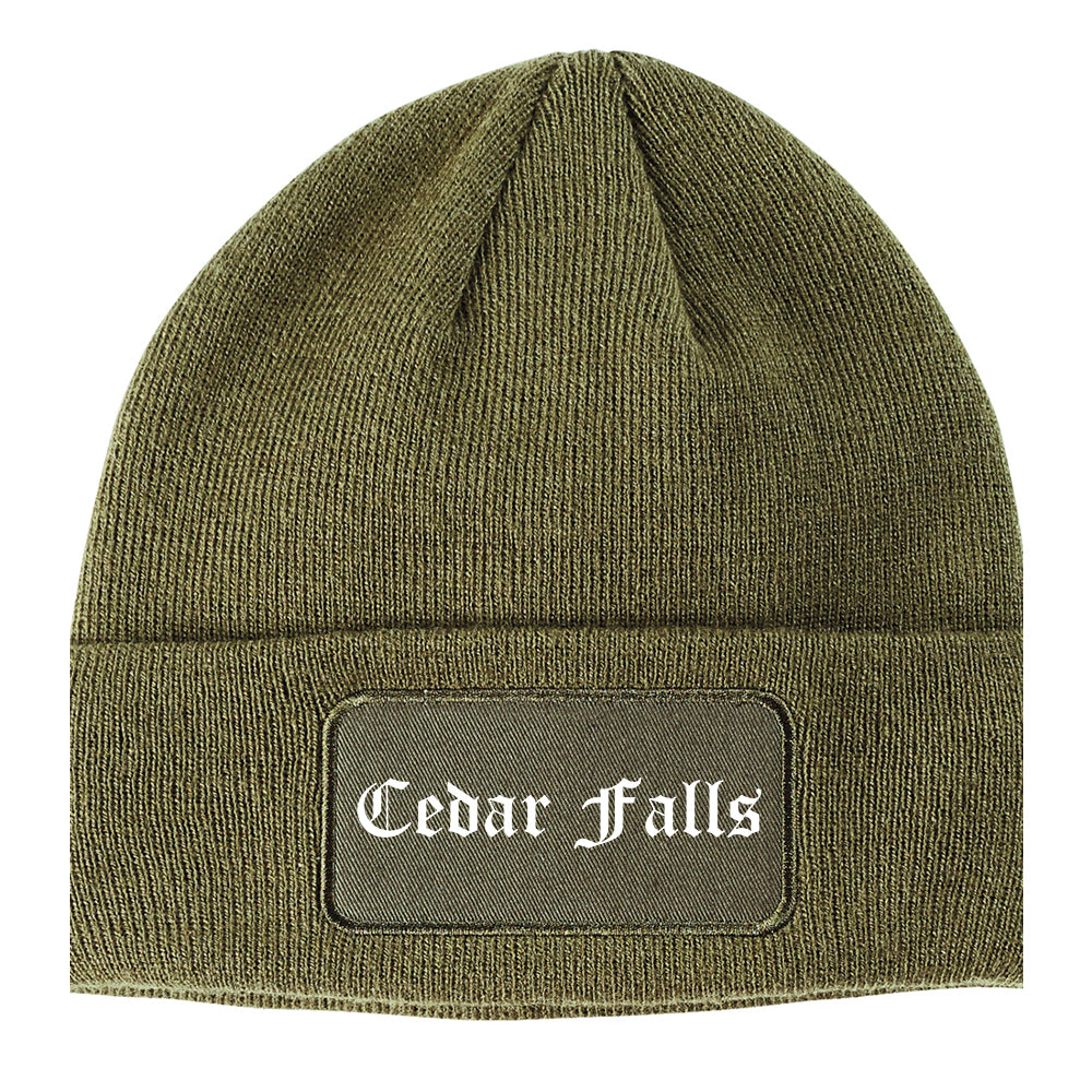 Cedar Falls Iowa IA Old English Mens Knit Beanie Hat Cap Olive Green