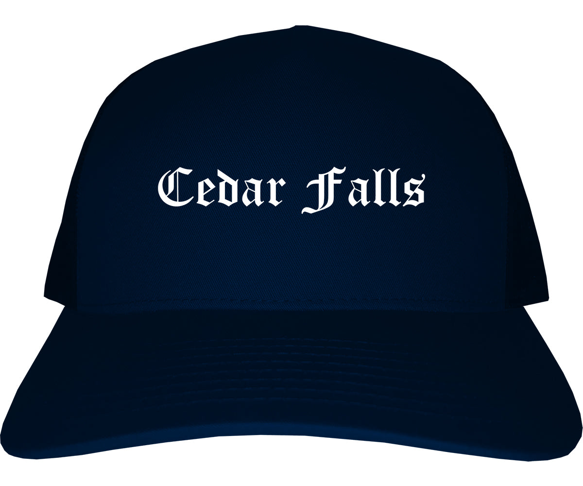 Cedar Falls Iowa IA Old English Mens Trucker Hat Cap Navy Blue
