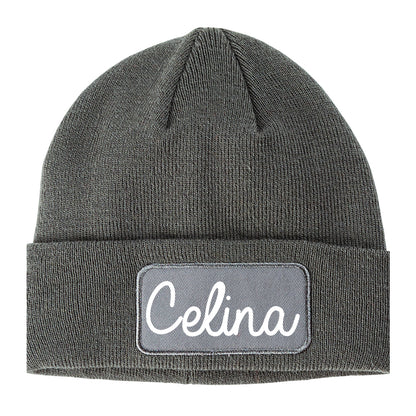 Celina Ohio OH Script Mens Knit Beanie Hat Cap Grey