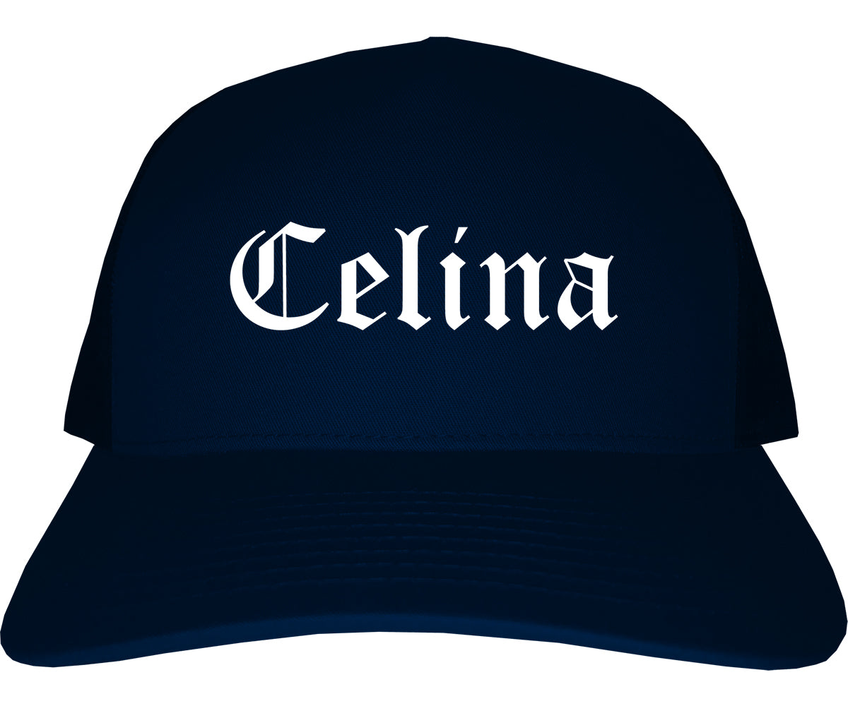 Celina Texas TX Old English Mens Trucker Hat Cap Navy Blue