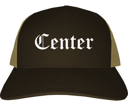 Center Texas TX Old English Mens Trucker Hat Cap Brown