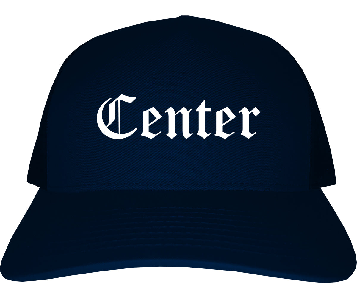 Center Texas TX Old English Mens Trucker Hat Cap Navy Blue