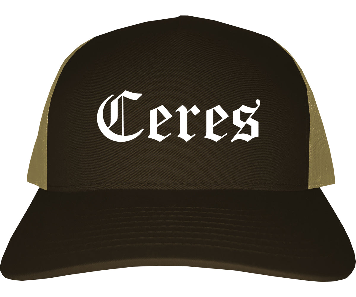 Ceres California CA Old English Mens Trucker Hat Cap Brown