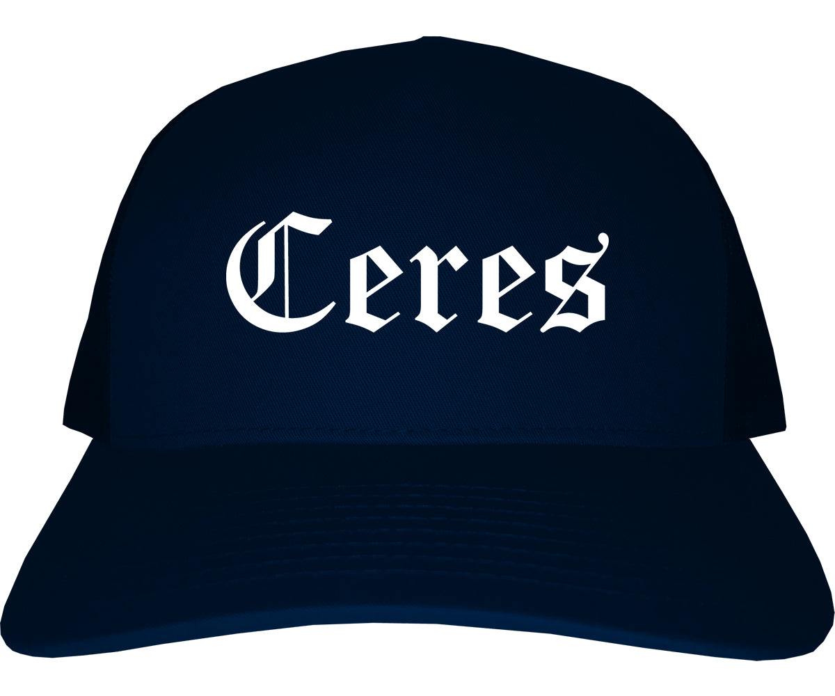 Ceres California CA Old English Mens Trucker Hat Cap Navy Blue