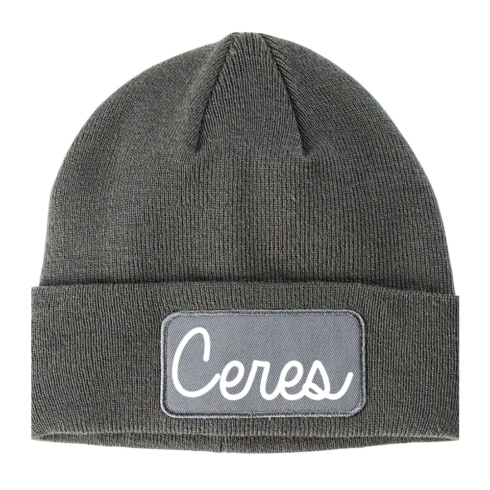 Ceres California CA Script Mens Knit Beanie Hat Cap Grey