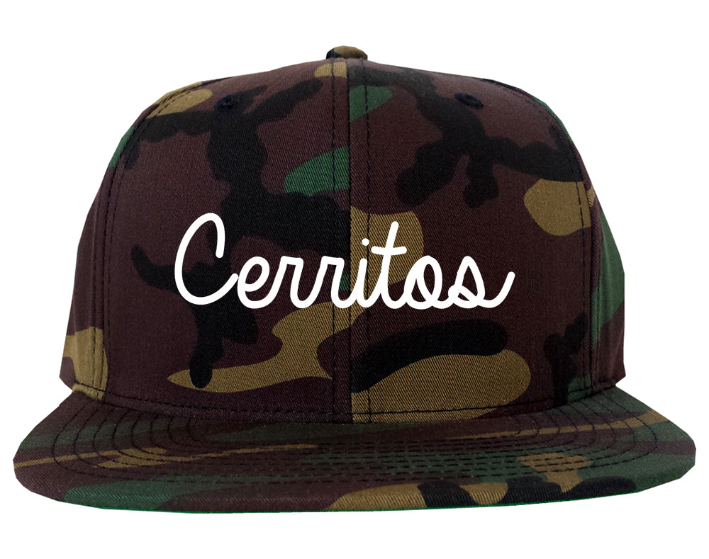 Cerritos California CA Script Mens Snapback Hat Army Camo