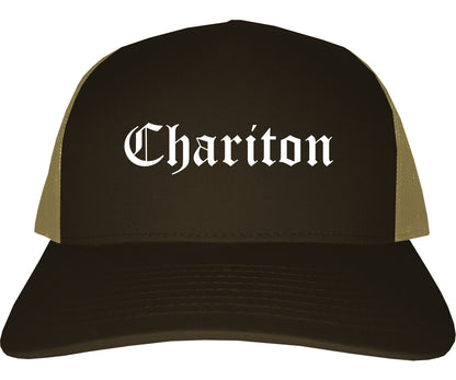 Chariton Iowa IA Old English Mens Trucker Hat Cap Brown