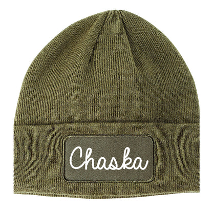 Chaska Minnesota MN Script Mens Knit Beanie Hat Cap Olive Green