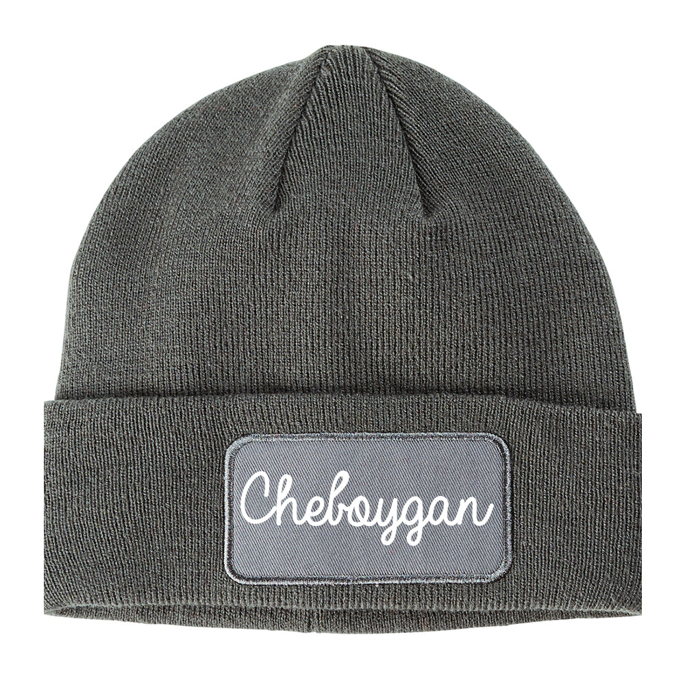 Cheboygan Michigan MI Script Mens Knit Beanie Hat Cap Grey