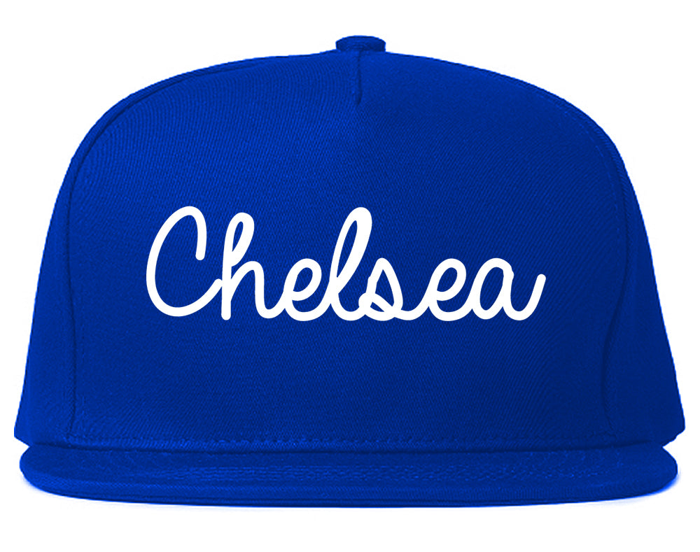 Chelsea Massachusetts MA Script Mens Snapback Hat Royal Blue