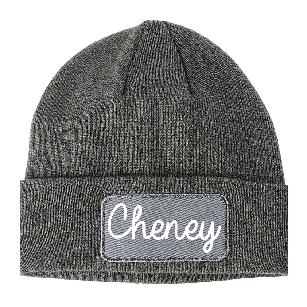Cheney Washington WA Script Mens Knit Beanie Hat Cap Grey