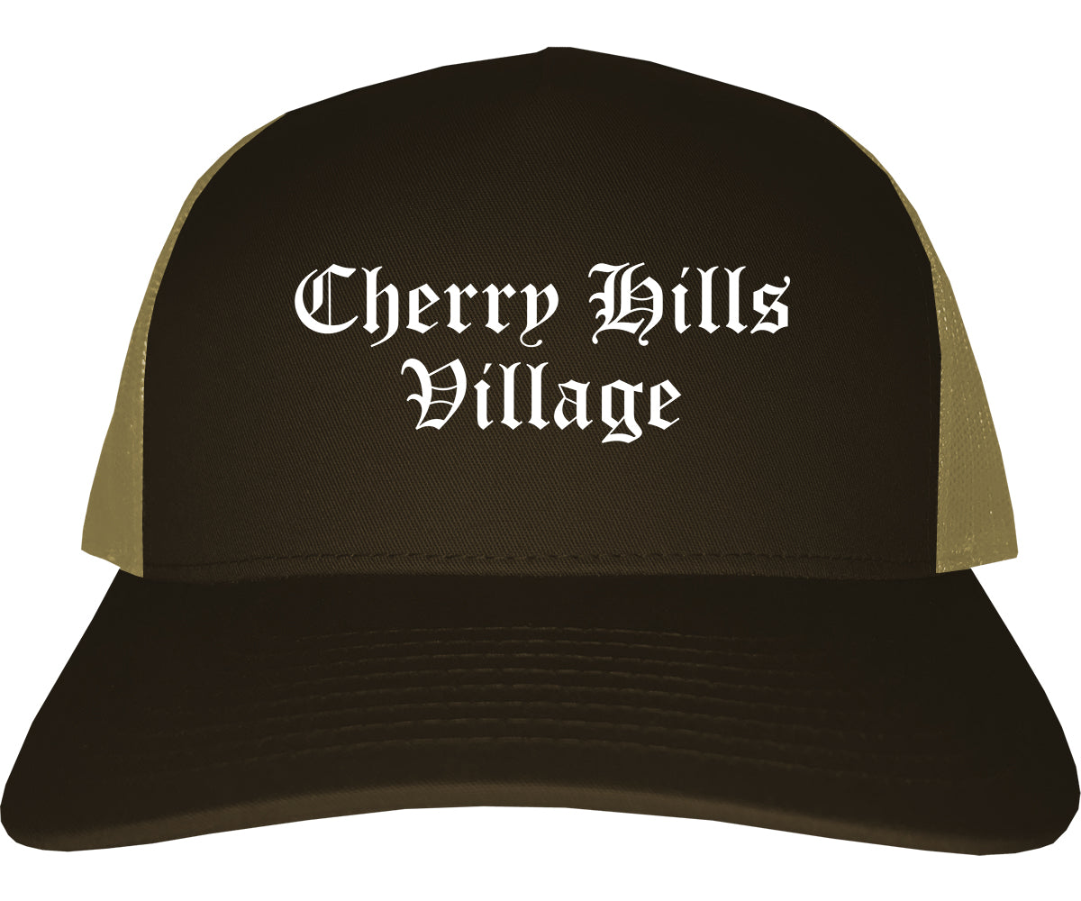 Cherry Hills Village Colorado CO Old English Mens Trucker Hat Cap Brown