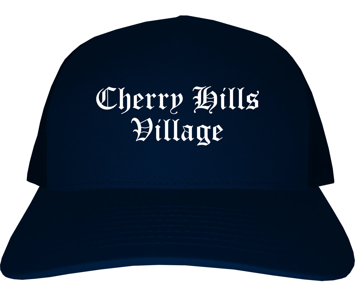 Cherry Hills Village Colorado CO Old English Mens Trucker Hat Cap Navy Blue