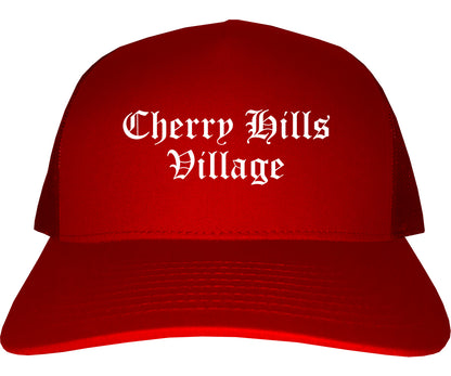 Cherry Hills Village Colorado CO Old English Mens Trucker Hat Cap Red