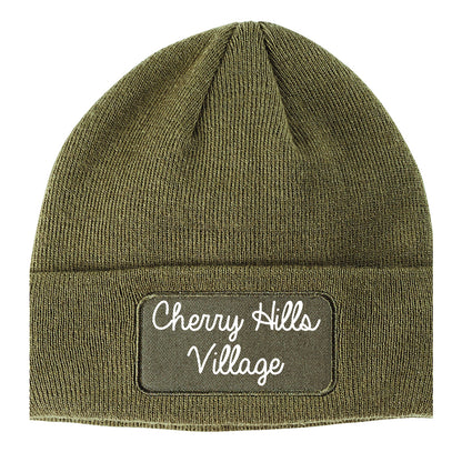 Cherry Hills Village Colorado CO Script Mens Knit Beanie Hat Cap Olive Green
