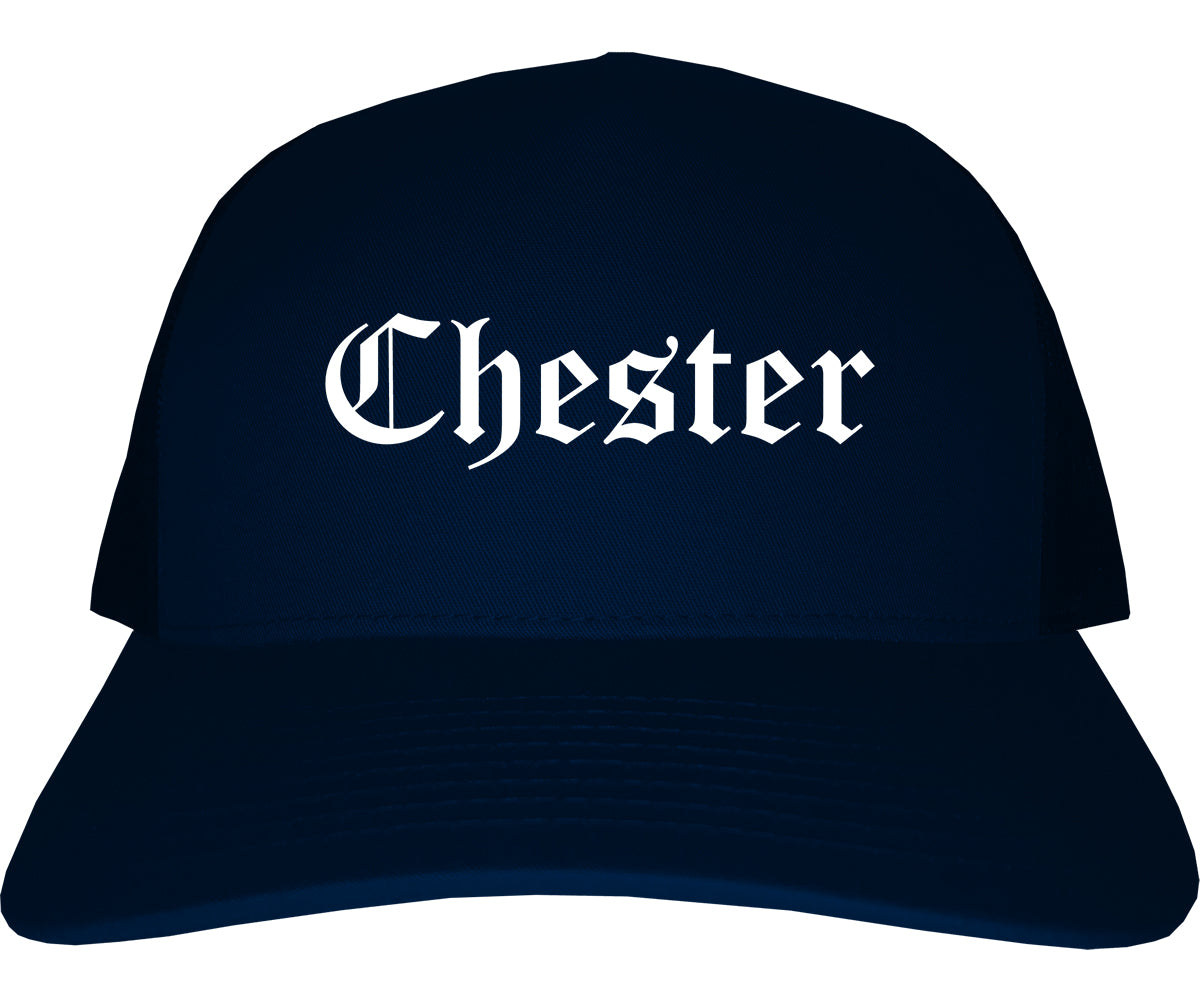 Chester Illinois IL Old English Mens Trucker Hat Cap Navy Blue