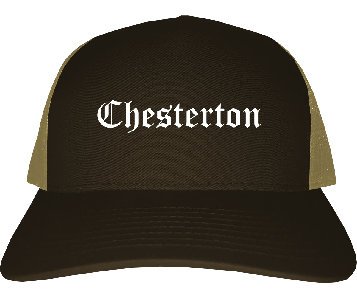 Chesterton Indiana IN Old English Mens Trucker Hat Cap Brown