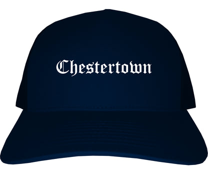 Chestertown Maryland MD Old English Mens Trucker Hat Cap Navy Blue