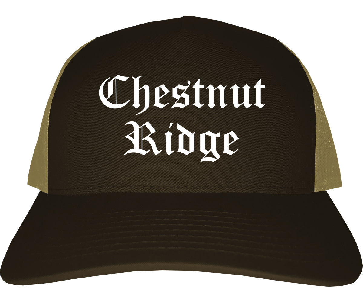 Chestnut Ridge New York NY Old English Mens Trucker Hat Cap Brown