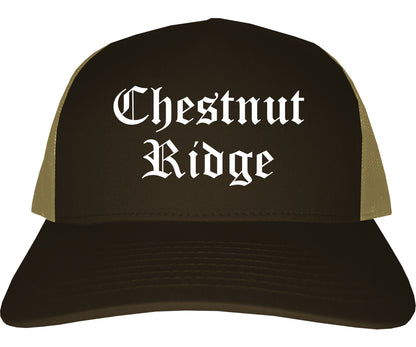 Chestnut Ridge New York NY Old English Mens Trucker Hat Cap Brown