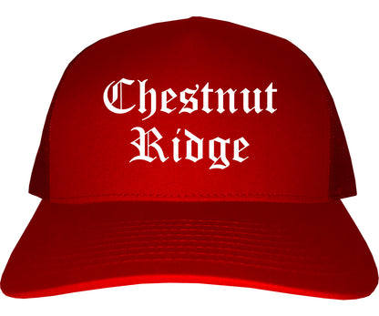 Chestnut Ridge New York NY Old English Mens Trucker Hat Cap Red