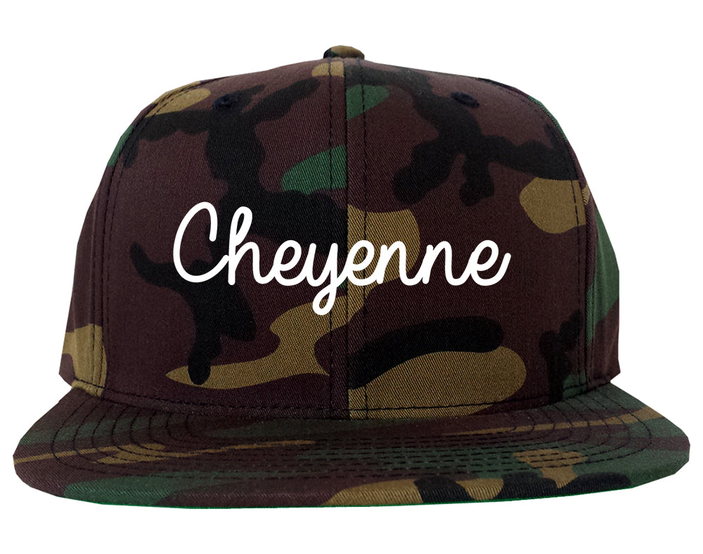 Cheyenne Wyoming WY Script Mens Snapback Hat Army Camo