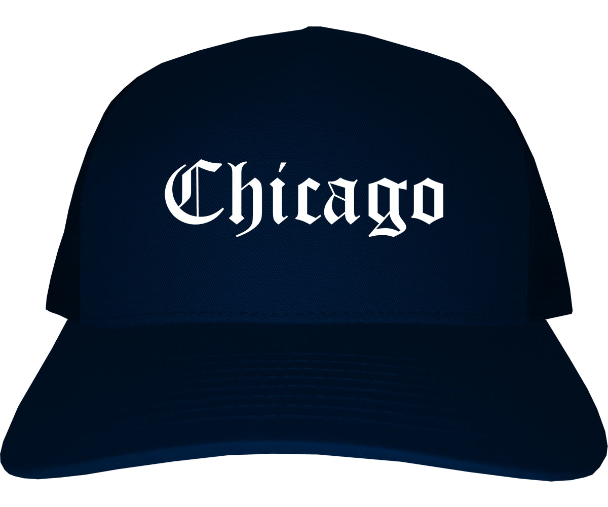 Chicago Illinois IL Old English Mens Trucker Hat Cap Navy Blue