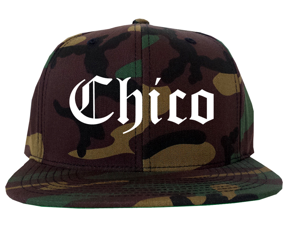 Chico California CA Old English Mens Snapback Hat Army Camo