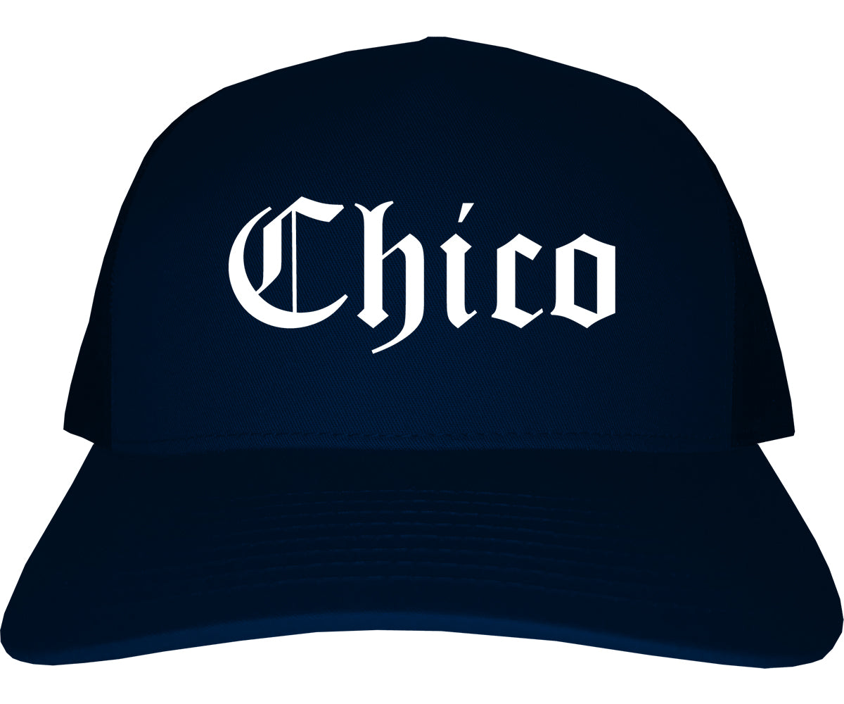 Chico California CA Old English Mens Trucker Hat Cap Navy Blue