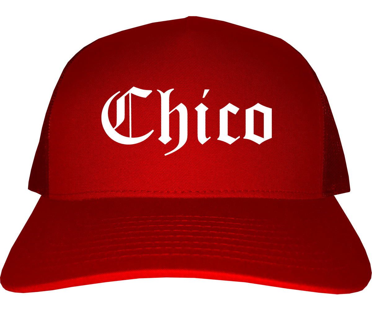 Chico California CA Old English Mens Trucker Hat Cap Red