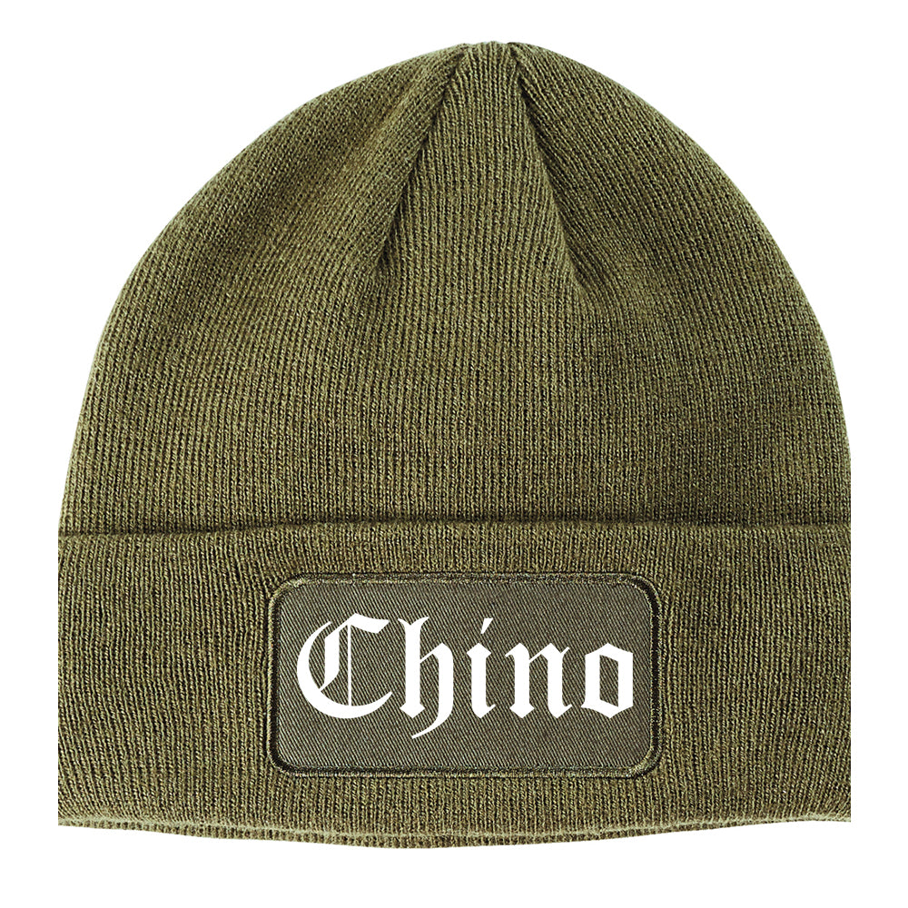 Chino California CA Old English Mens Knit Beanie Hat Cap Olive Green