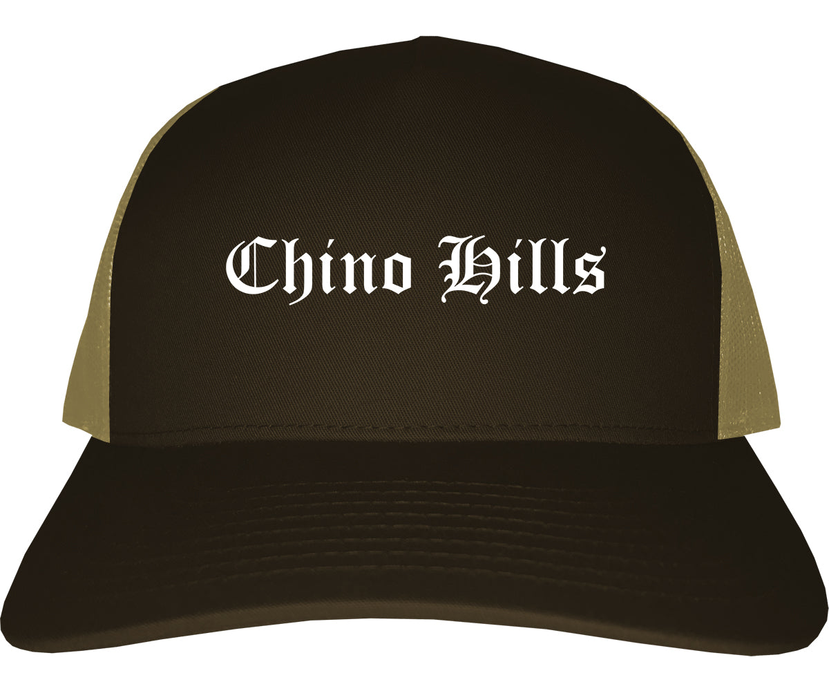 Chino Hills California CA Old English Mens Trucker Hat Cap Brown