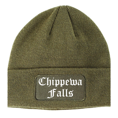 Chippewa Falls Wisconsin WI Old English Mens Knit Beanie Hat Cap Olive Green