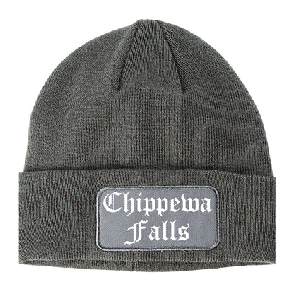 Chippewa Falls Wisconsin WI Old English Mens Knit Beanie Hat Cap Grey