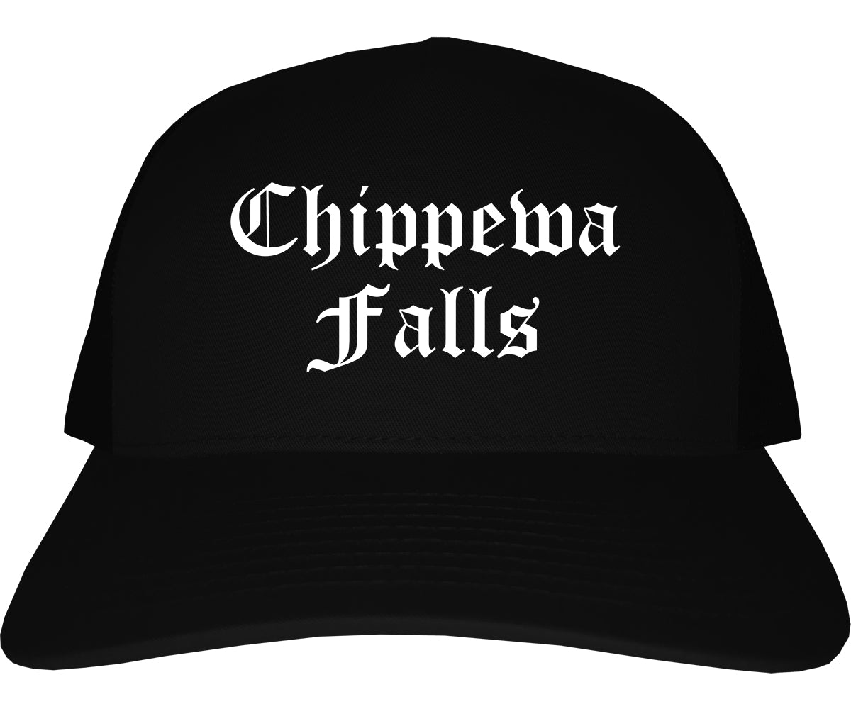 Chippewa Falls Wisconsin WI Old English Mens Trucker Hat Cap Black