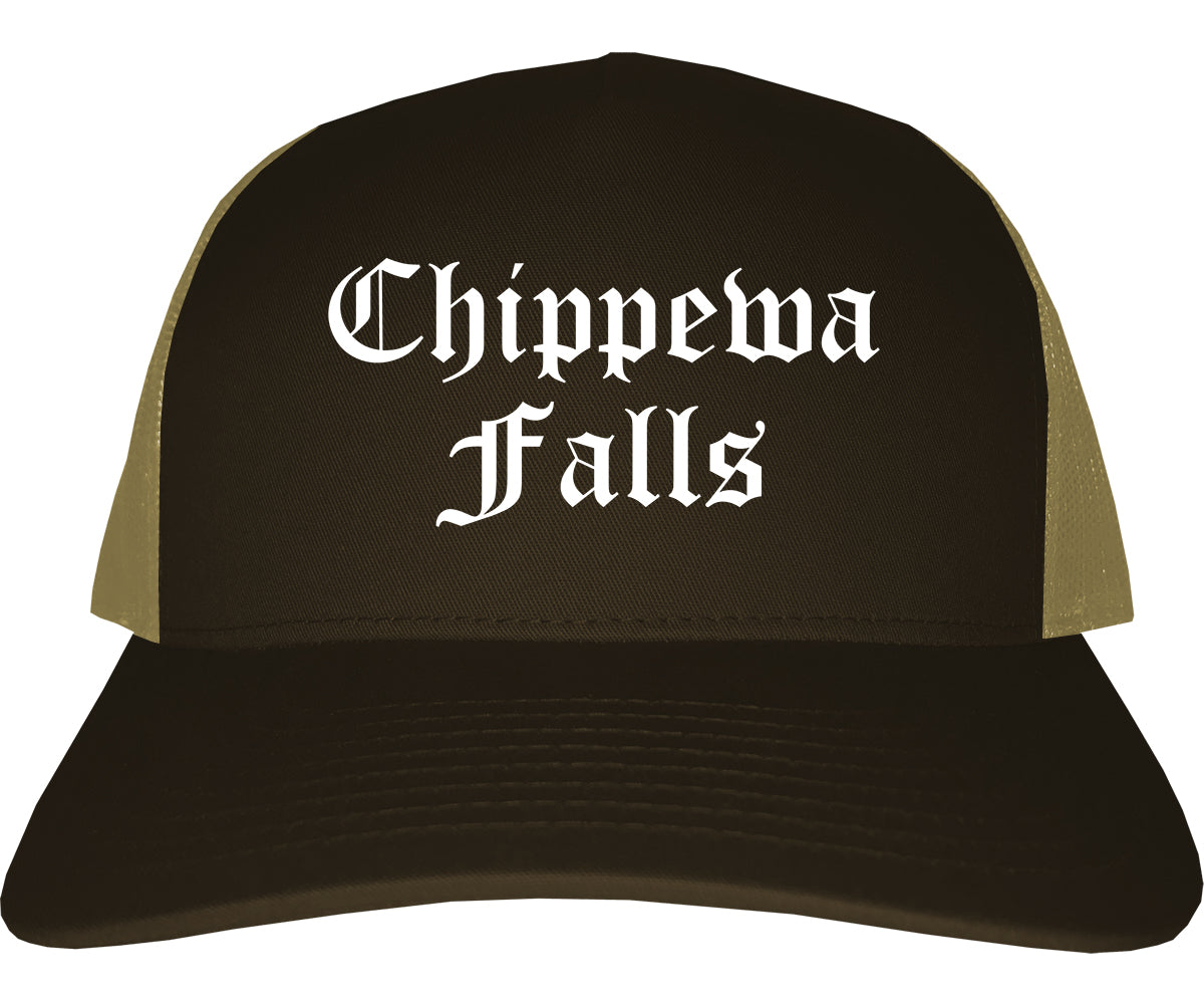 Chippewa Falls Wisconsin WI Old English Mens Trucker Hat Cap Brown