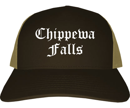 Chippewa Falls Wisconsin WI Old English Mens Trucker Hat Cap Brown