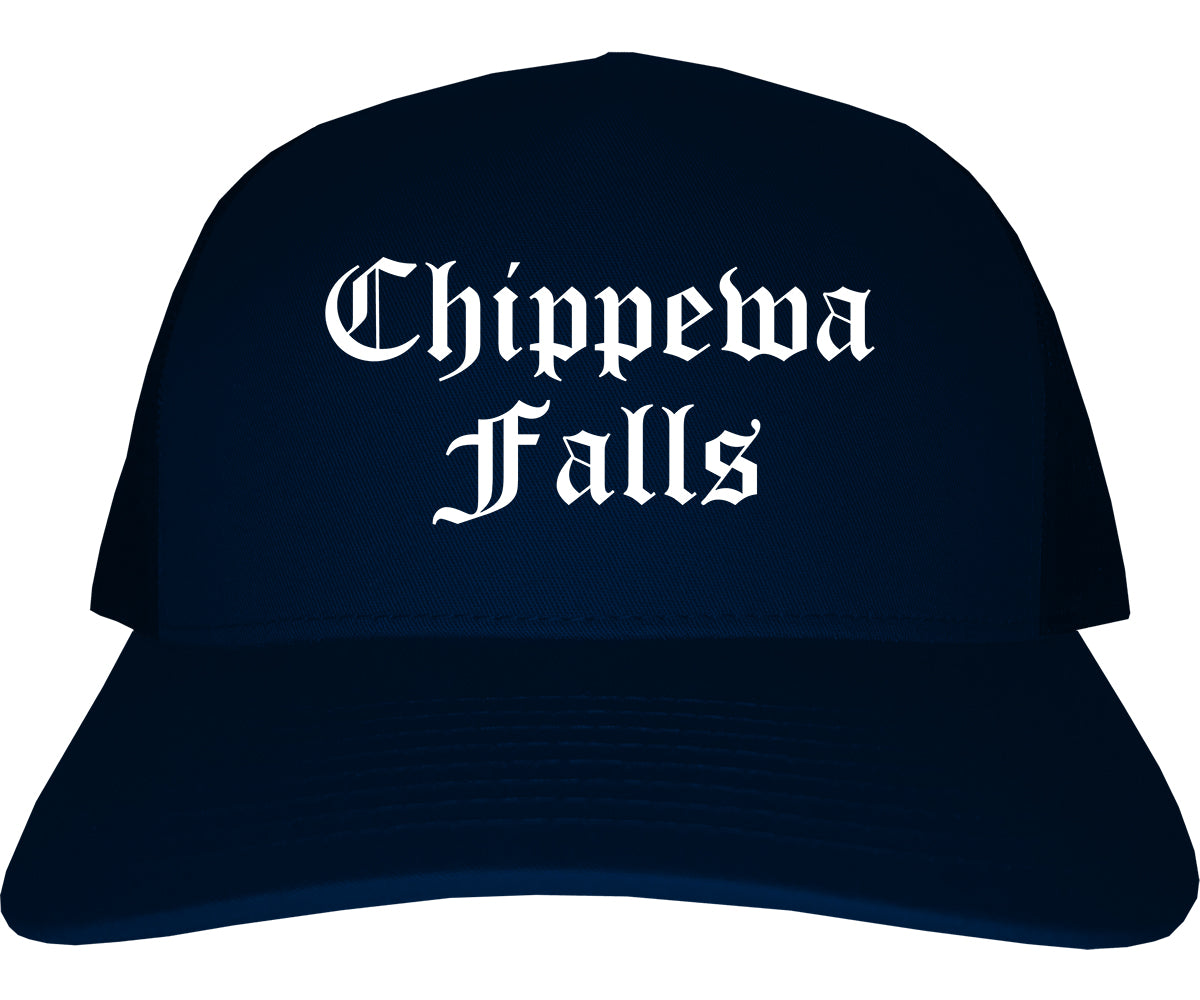 Chippewa Falls Wisconsin WI Old English Mens Trucker Hat Cap Navy Blue