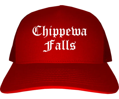 Chippewa Falls Wisconsin WI Old English Mens Trucker Hat Cap Red