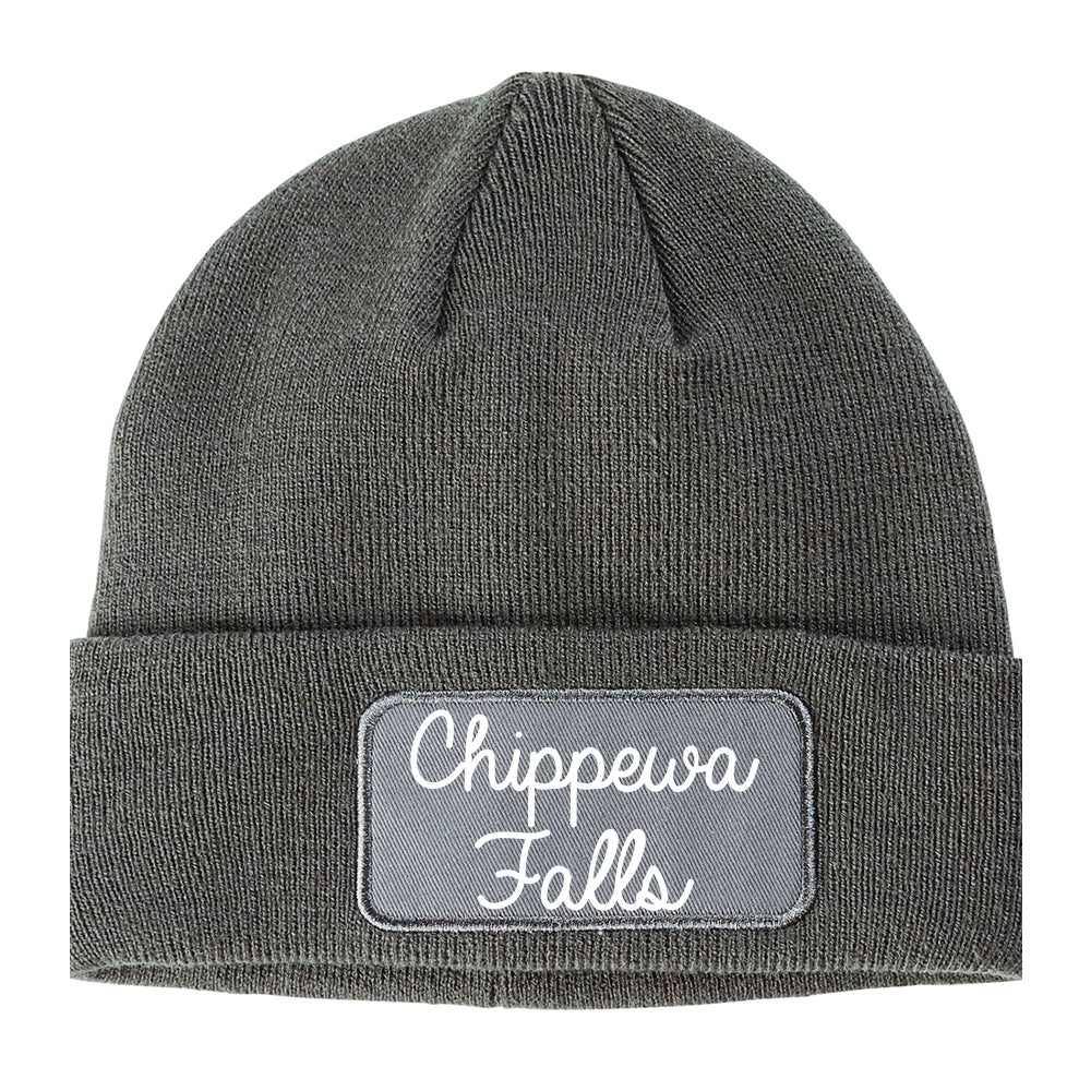 Chippewa Falls Wisconsin WI Script Mens Knit Beanie Hat Cap Grey