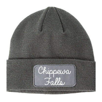Chippewa Falls Wisconsin WI Script Mens Knit Beanie Hat Cap Grey