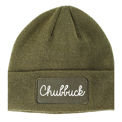 Chubbuck Idaho ID Script Mens Knit Beanie Hat Cap Olive Green