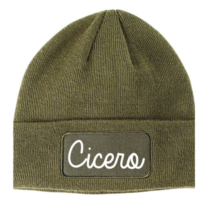 Cicero Indiana IN Script Mens Knit Beanie Hat Cap Olive Green