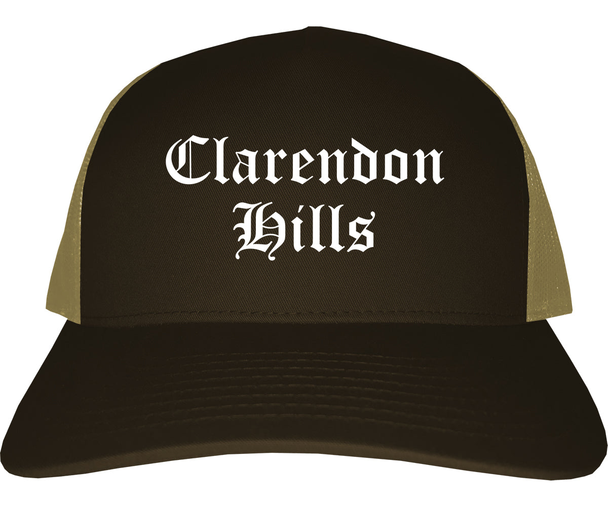 Clarendon Hills Illinois IL Old English Mens Trucker Hat Cap Brown
